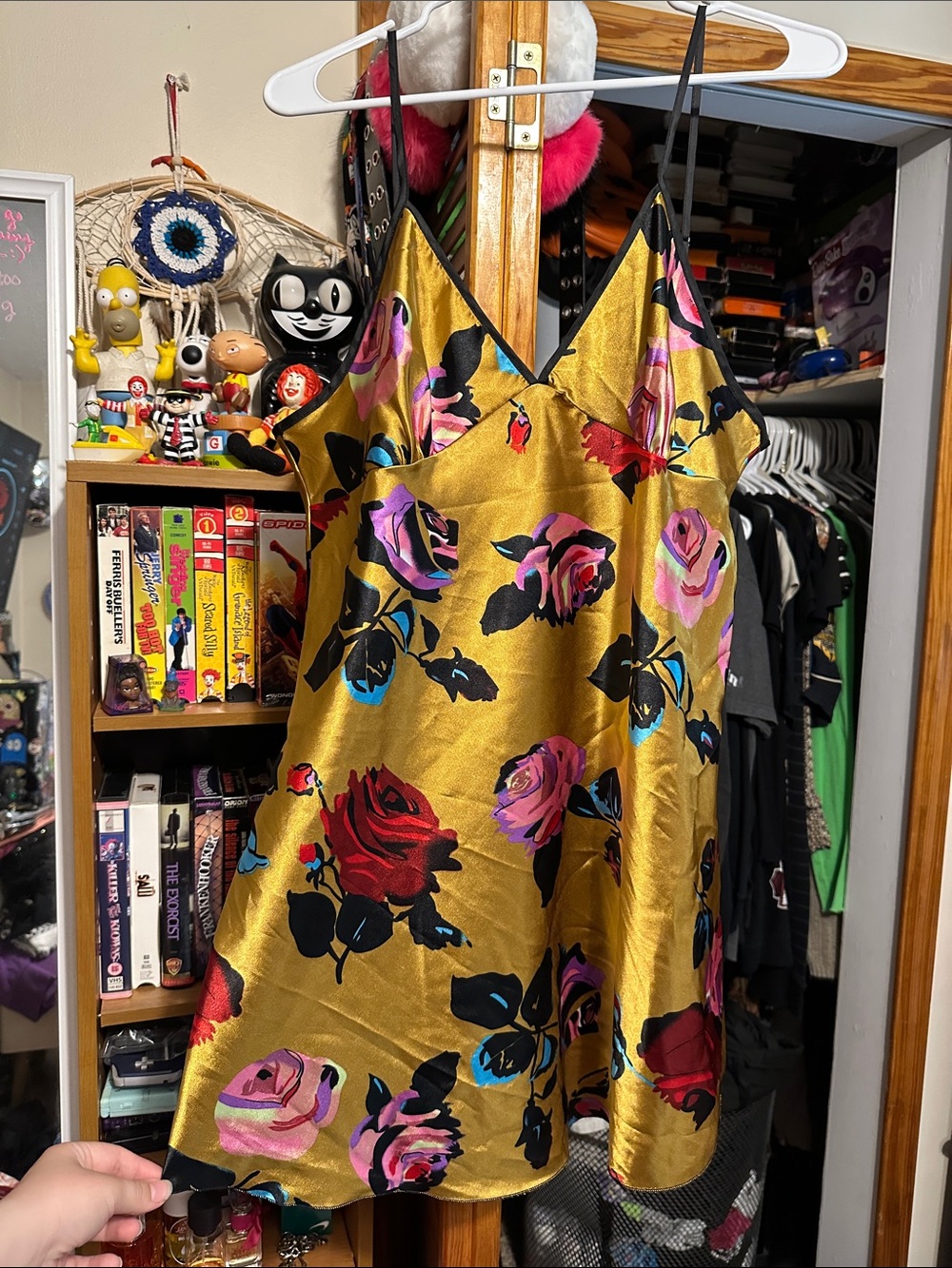 Gold Satin Floral Slip Dress with Pink & Red Roses - Picture 1 of 3